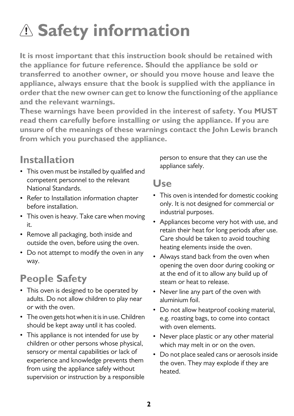 Safety information, Installation, People safety | John Lewis JLBIOS661 User Manual | Page 2 / 32