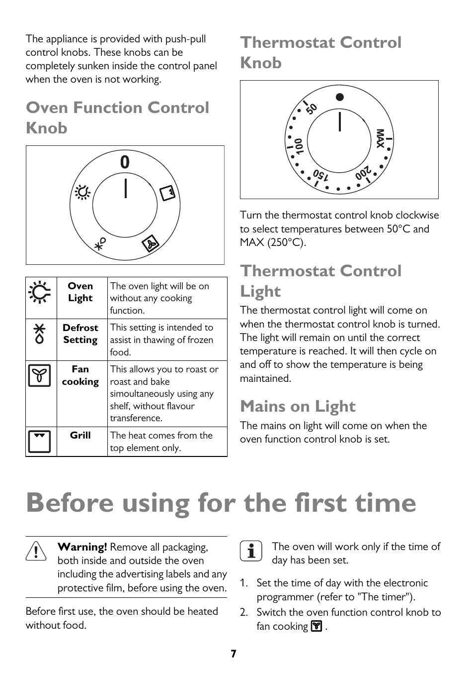Before using for the first time, Oven function control knob, Thermostat control knob | Thermostat control light, Mains on light | John Lewis JLBIOS661 User Manual | Page 7 / 32