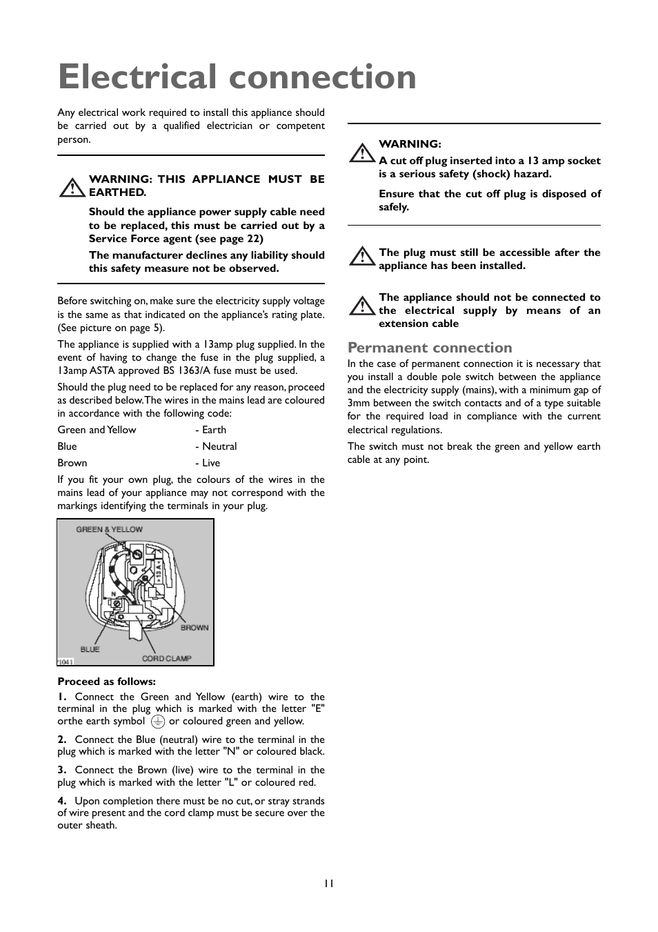 Electrical connection, Permanent connection | John Lewis JLFFW2007 User Manual | Page 11 / 24