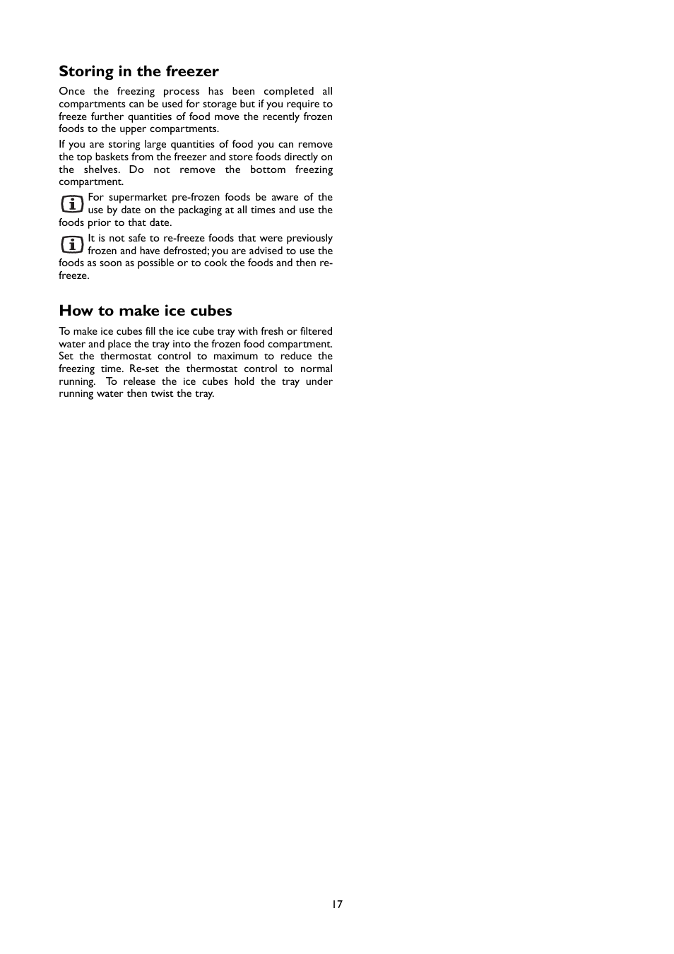 Storing in the freezer, How to make ice cubes | John Lewis JLFFW2007 User Manual | Page 17 / 24