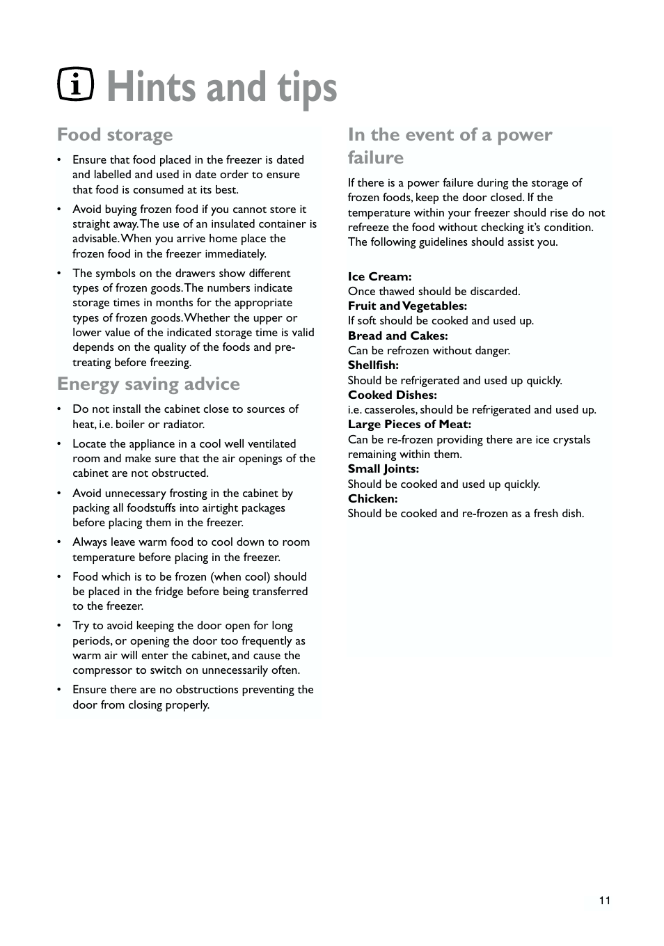 Hints and tips, Food storage, Energy saving advice | John Lewis JLFZW1810 User Manual | Page 11 / 20