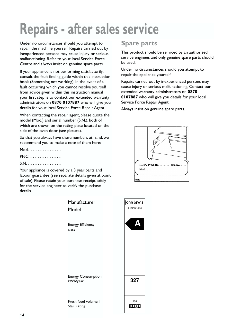 Repairs - after sales service, Spare parts | John Lewis JLFZW1810 User Manual | Page 14 / 20