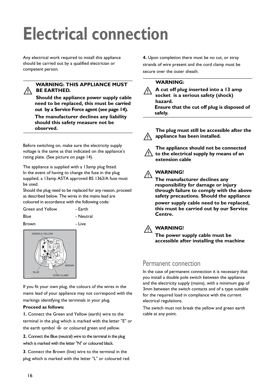 Electrical connection, Permanent connection | John Lewis JLFZW1810 User Manual | Page 16 / 20