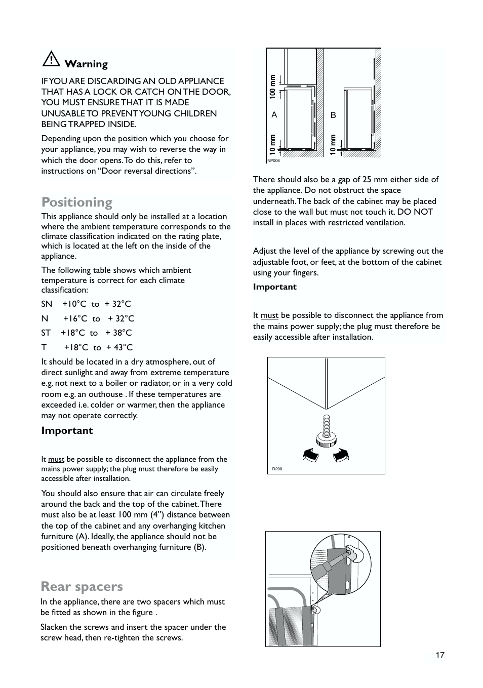 Positioning, Rear spacers | John Lewis JLFZW1810 User Manual | Page 17 / 20