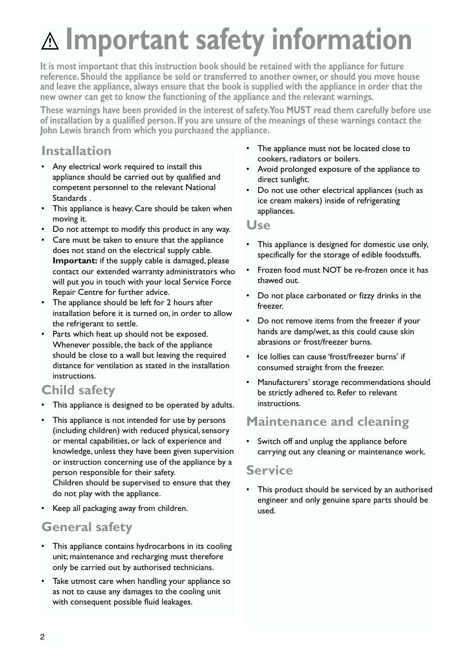 Important safety information, Installation, Child safety | General safety, Maintenance and cleaning, Service | John Lewis JLFZW1810 User Manual | Page 2 / 20
