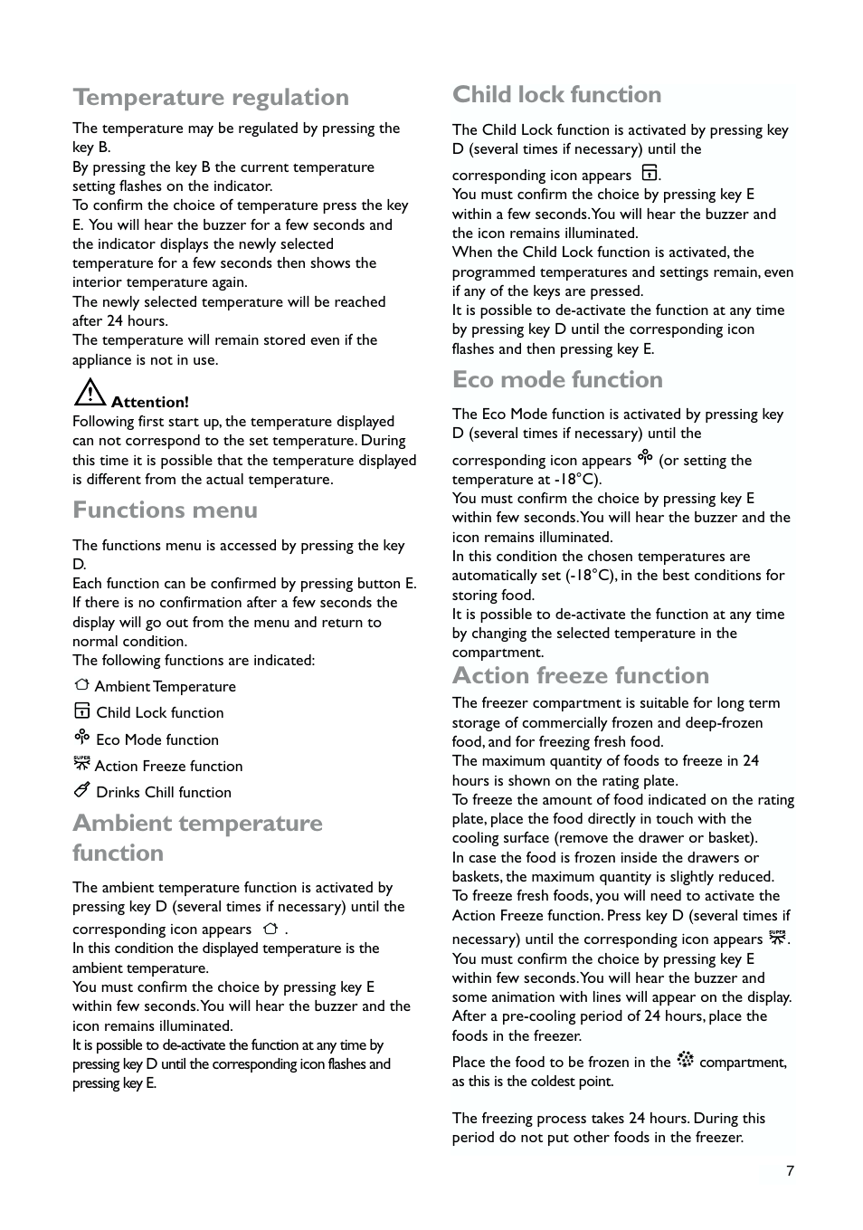 Temperature regulation, Functions menu, Ambient temperature function | Child lock function, Eco mode function, Action freeze function | John Lewis JLFZW1810 User Manual | Page 7 / 20
