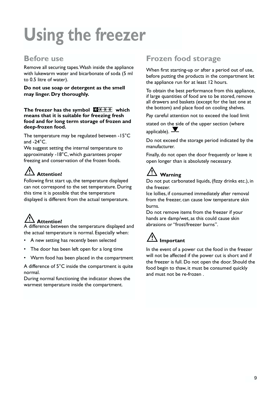 Using the freezer, Before use, Frozen food storage | John Lewis JLFZW1810 User Manual | Page 9 / 20