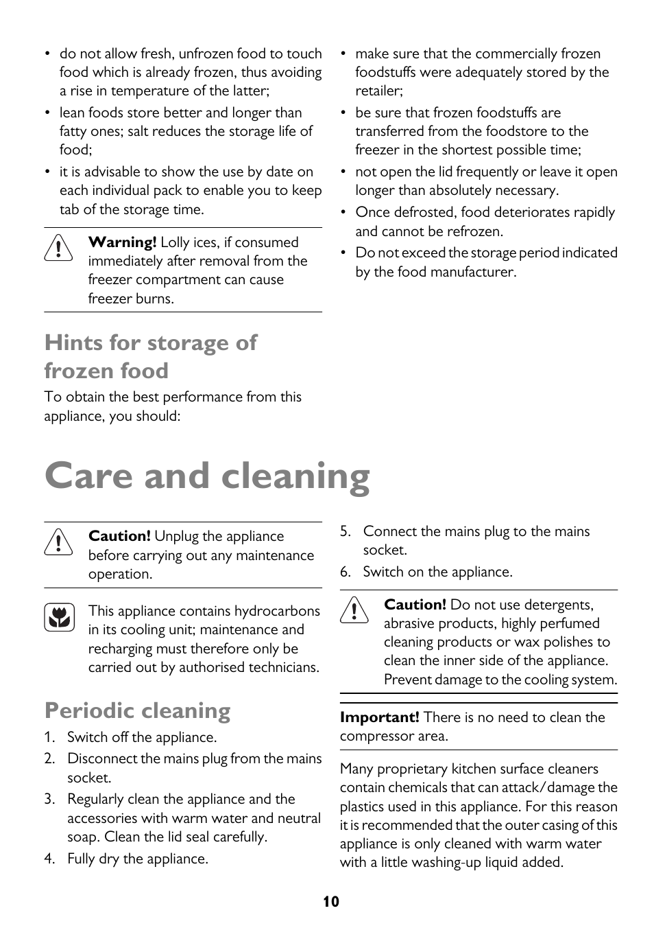 Care and cleaning, Hints for storage of frozen food, Periodic cleaning | John Lewis JLCH200 User Manual | Page 10 / 20