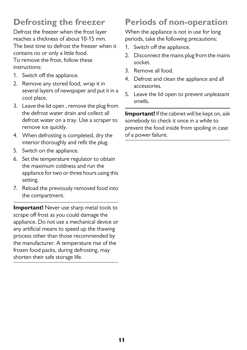 Defrosting the freezer, Periods of non-operation | John Lewis JLCH200 User Manual | Page 11 / 20