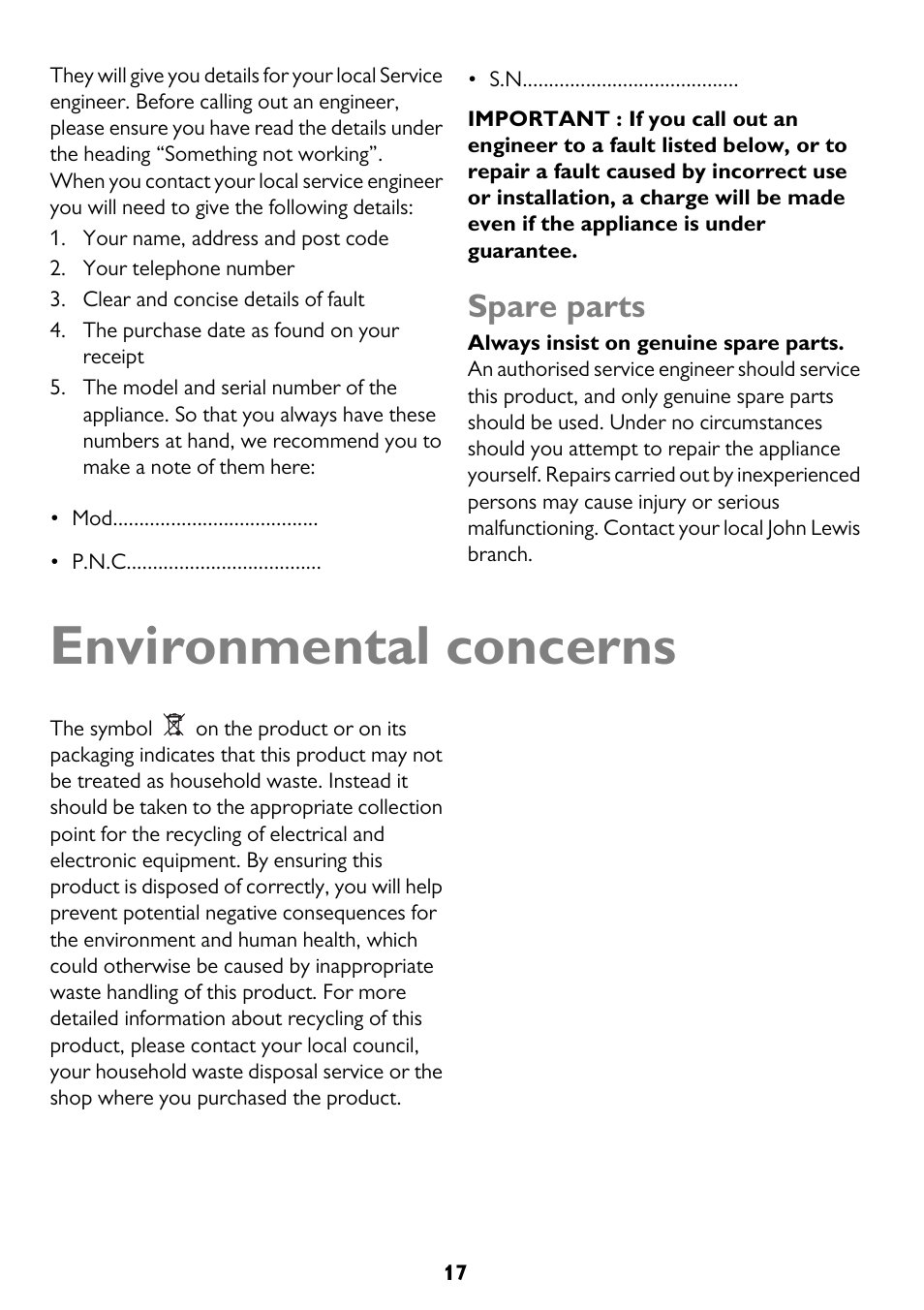 Environmental concerns, Spare parts | John Lewis JLCH200 User Manual | Page 17 / 20