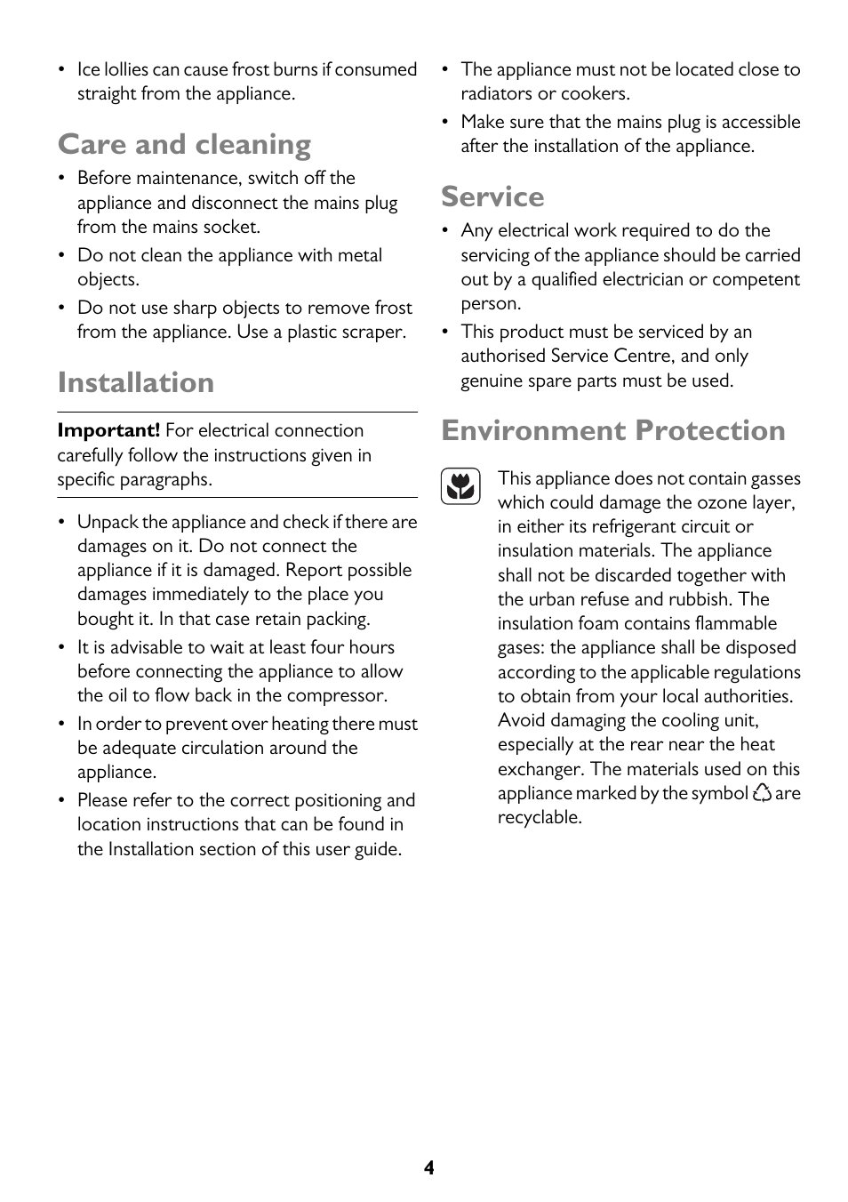 Care and cleaning, Installation, Service | Environment protection | John Lewis JLCH200 User Manual | Page 4 / 20