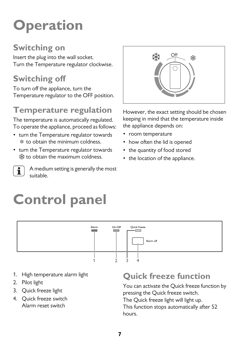 Operation, Control panel, Switching on | Switching off, Temperature regulation, Quick freeze function | John Lewis JLCH200 User Manual | Page 7 / 20