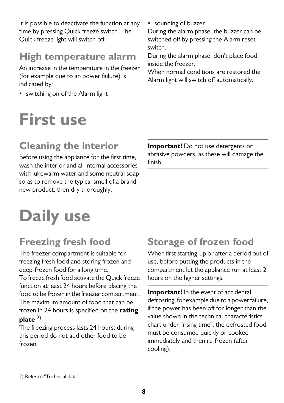 First use, Daily use, High temperature alarm | Cleaning the interior, Freezing fresh food, Storage of frozen food | John Lewis JLCH200 User Manual | Page 8 / 20