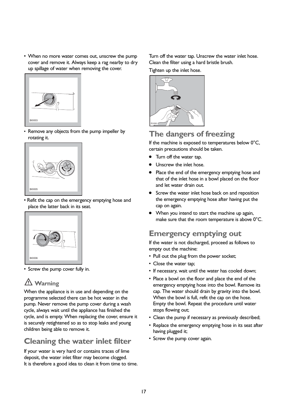 Cleaning the water inlet filter, The dangers of freezing, Emergency emptying out | Warning | John Lewis JLBIWM 1402 User Manual | Page 17 / 28