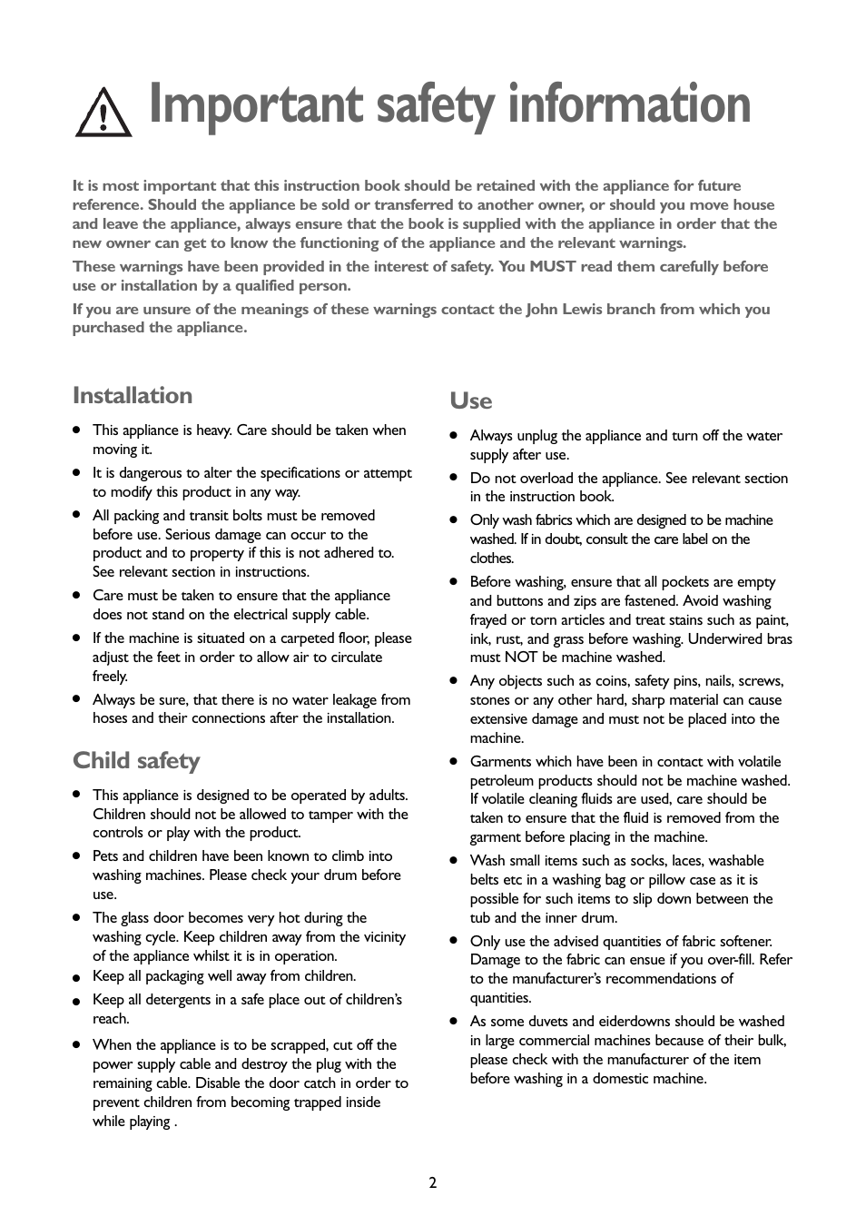 Important safety information, Installation, Child safety | John Lewis JLBIWM 1402 User Manual | Page 2 / 28
