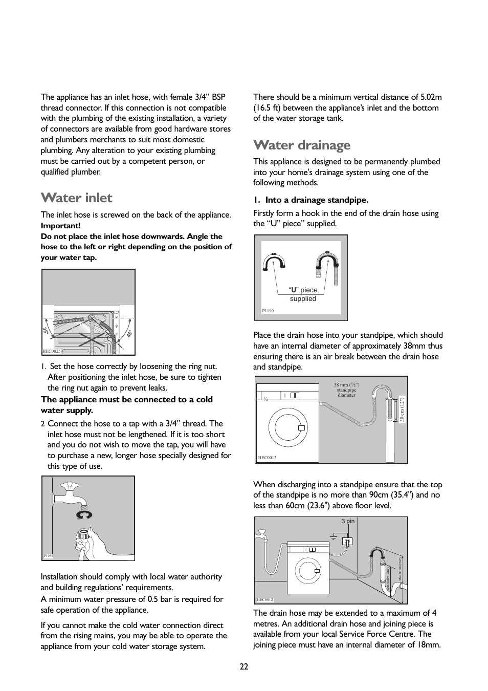 Water inlet, Water drainage | John Lewis JLBIWM 1402 User Manual | Page 22 / 28