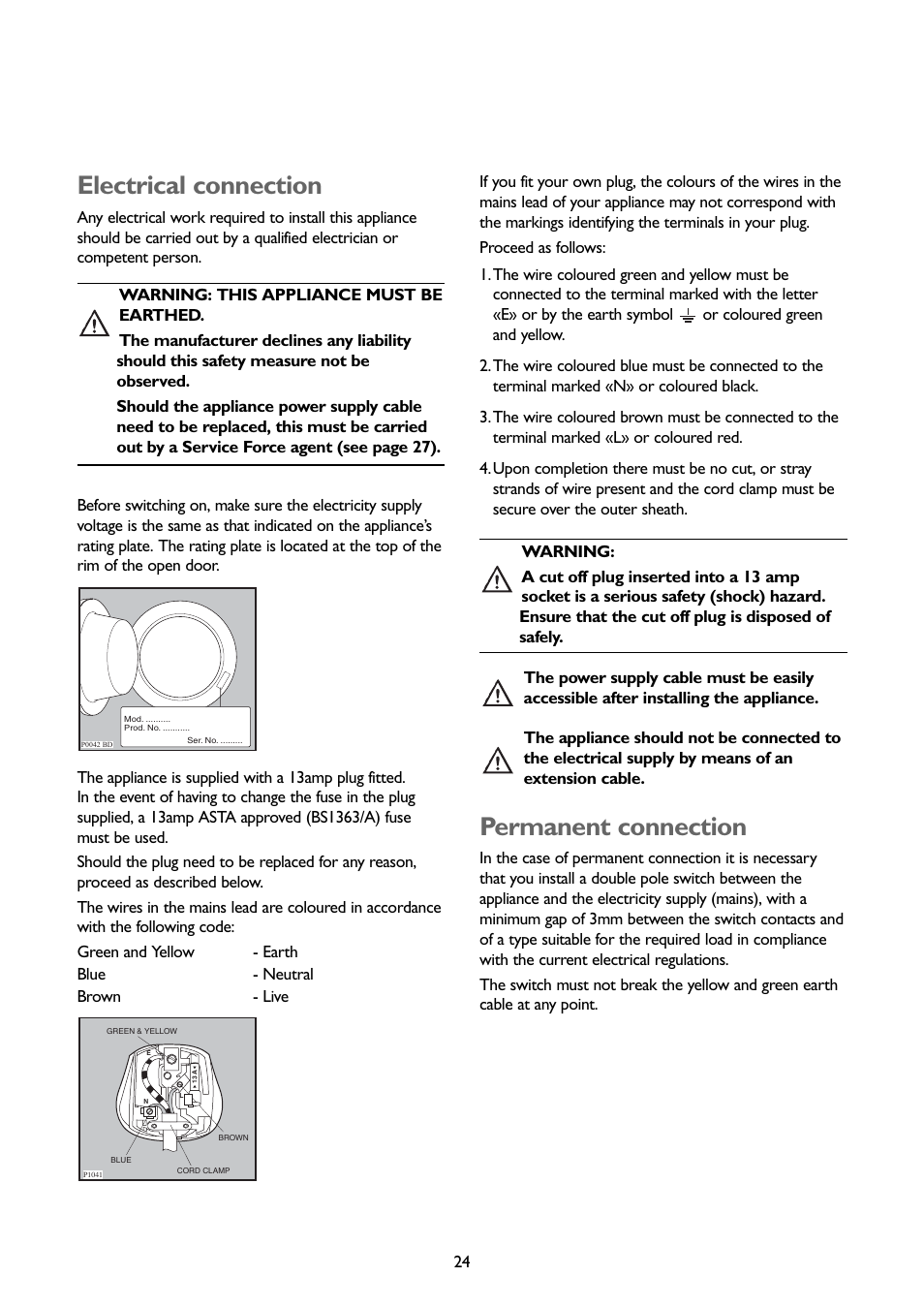 Electrical connection, Permanent connection | John Lewis JLBIWM 1402 User Manual | Page 24 / 28