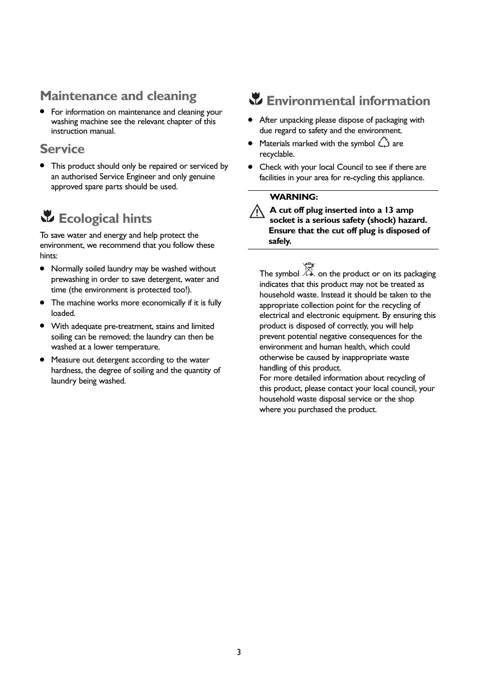 Environmental information, Maintenance and cleaning, Service | Ecological hints | John Lewis JLBIWM 1402 User Manual | Page 3 / 28
