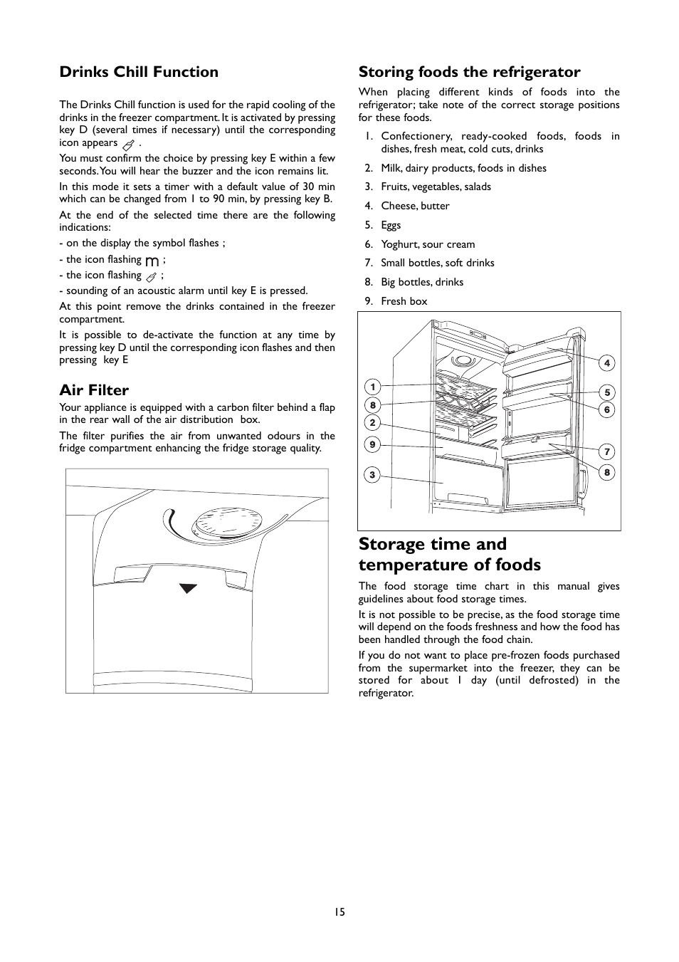 Storage time and temperature of foods, Storing foods the refrigerator, Drinks chill function | Air filter | John Lewis JLFFW2005 User Manual | Page 15 / 24