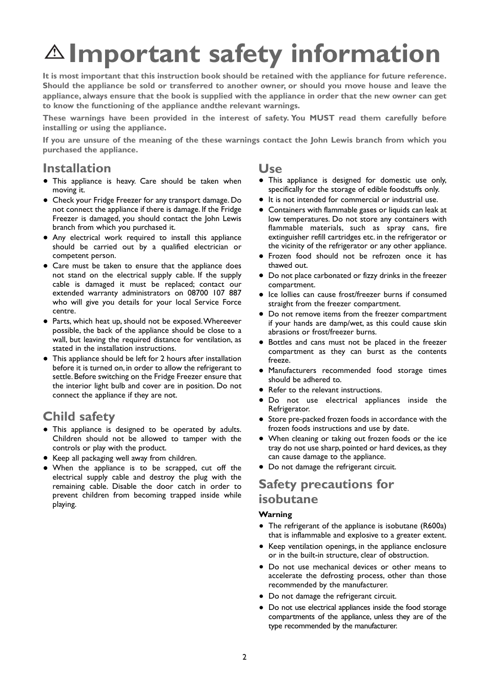 Important safety information, Child safety, Installation | Safety precautions for isobutane | John Lewis JLFFW2005 User Manual | Page 2 / 24
