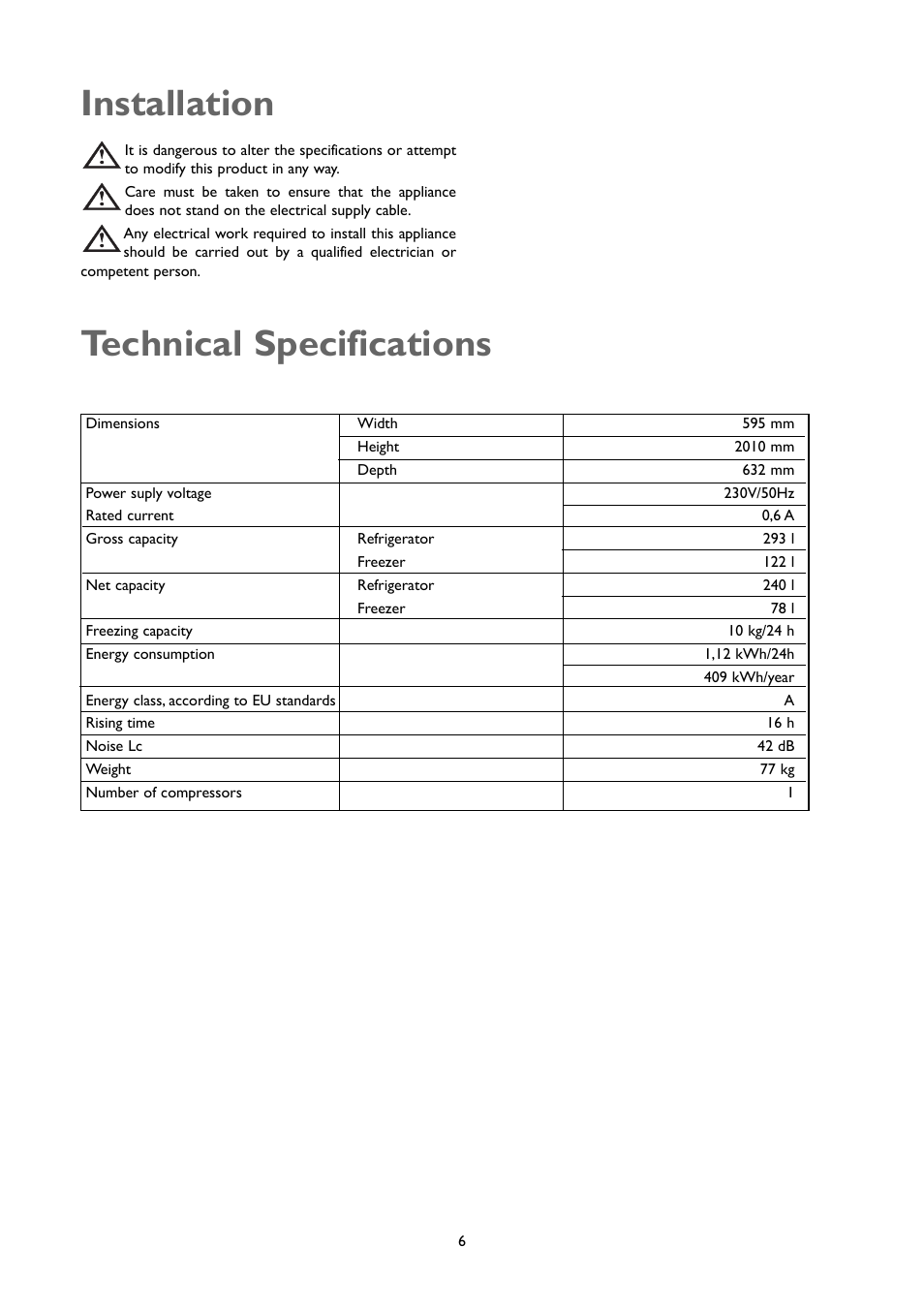 Installation technical specifications | John Lewis JLFFW2005 User Manual | Page 6 / 24