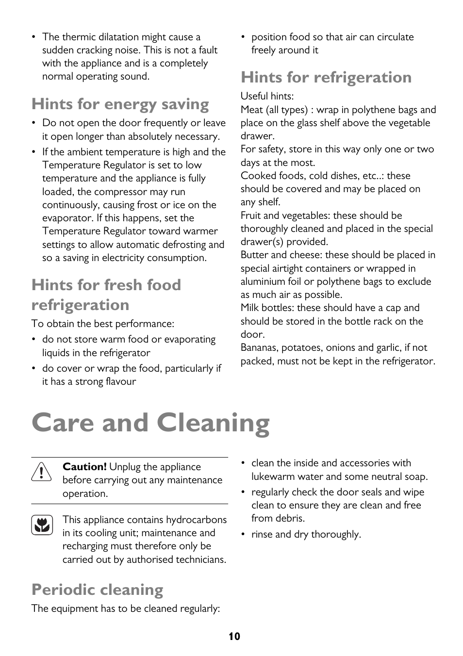 Care and cleaning, Hints for energy saving, Hints for fresh food refrigeration | Hints for refrigeration, Periodic cleaning | John Lewis JLLFW1602 User Manual | Page 10 / 20