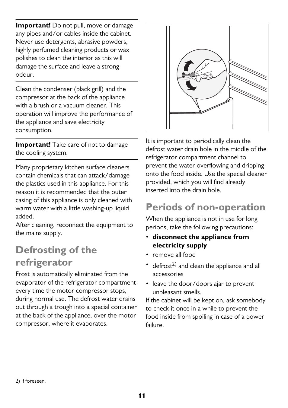 Defrosting of the refrigerator, Periods of non-operation | John Lewis JLLFW1602 User Manual | Page 11 / 20