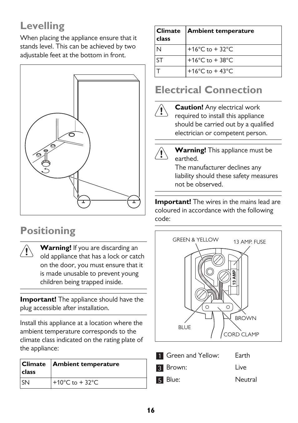 Levelling, Positioning, Electrical connection | John Lewis JLLFW1602 User Manual | Page 16 / 20