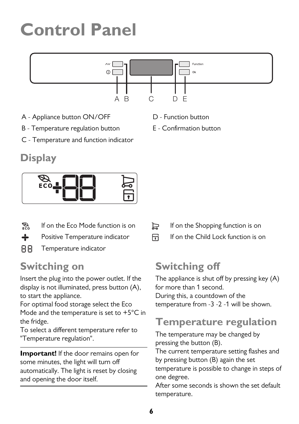 Control panel, Display, Switching on | Switching off, Temperature regulation | John Lewis JLLFW1602 User Manual | Page 6 / 20