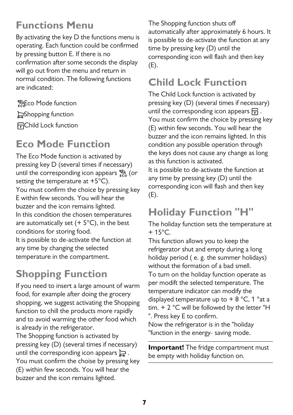Functions menu, Eco mode function, Shopping function | Child lock function, Holiday function "h | John Lewis JLLFW1602 User Manual | Page 7 / 20