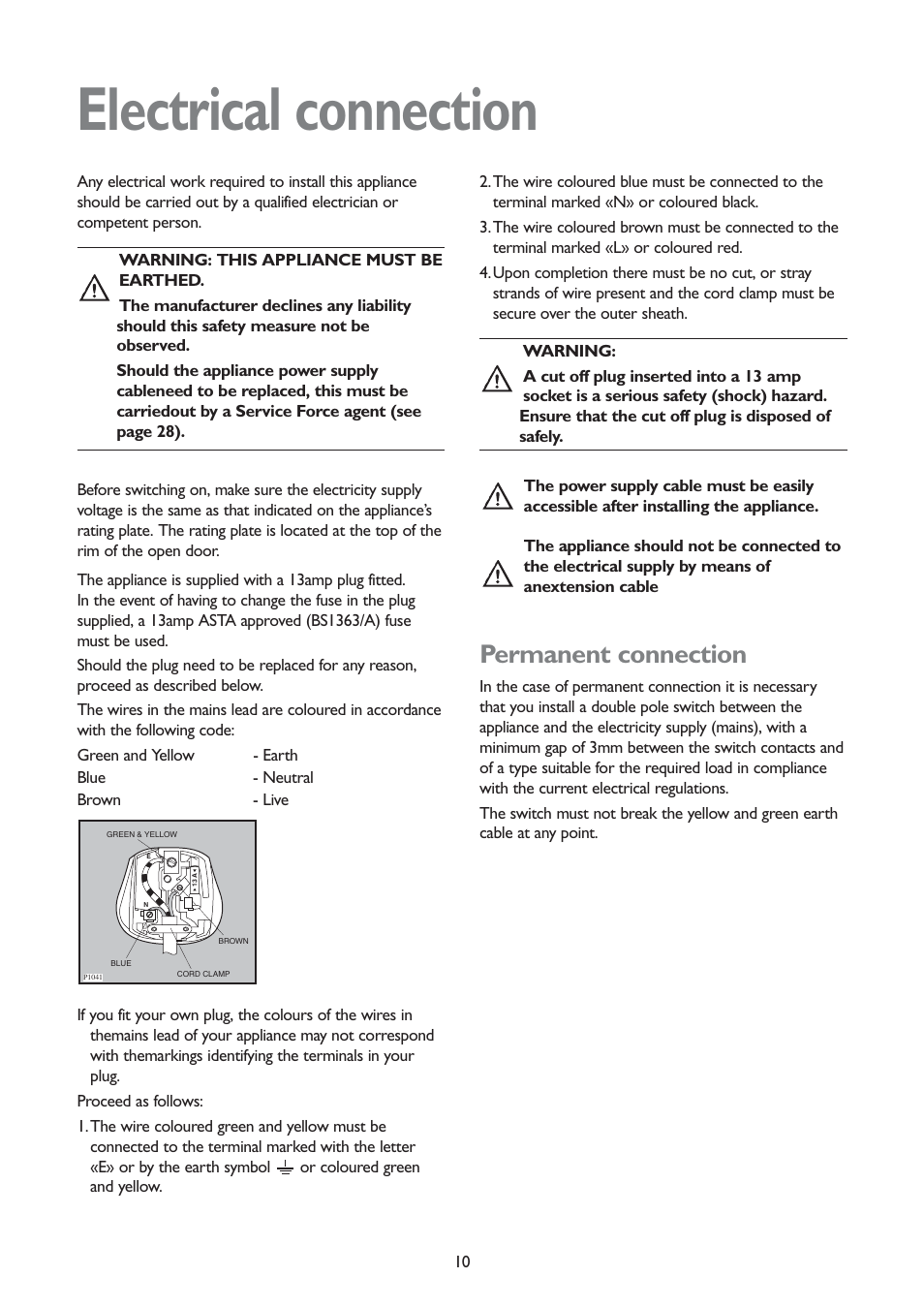 Electrical connection, Permanent connection | John Lewis JLWD 1406 1400 User Manual | Page 10 / 31