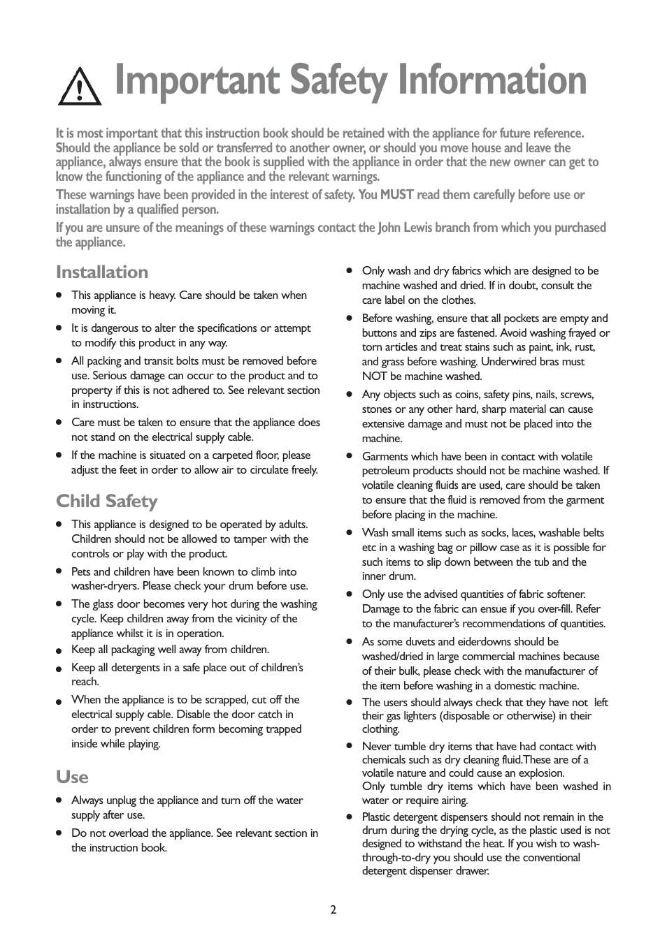 Important safety information, Installation, Child safety | John Lewis JLWD 1406 1400 User Manual | Page 2 / 31
