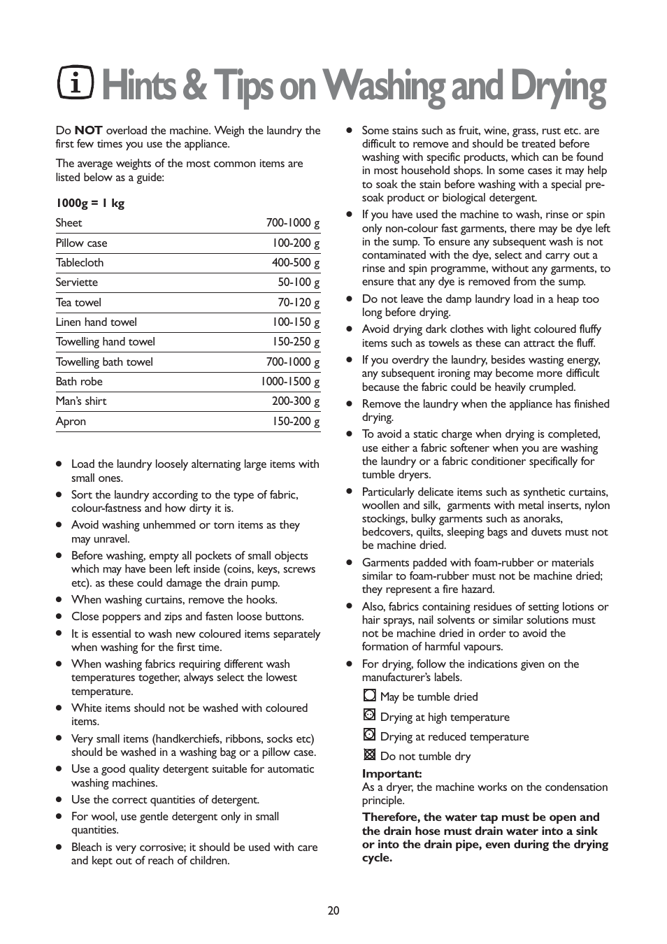 Hints & tips on washing and drying | John Lewis JLWD 1406 1400 User Manual | Page 20 / 31