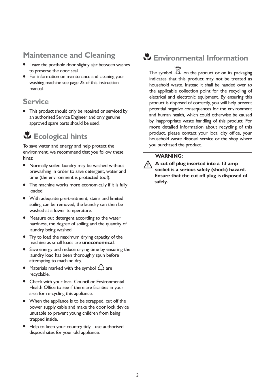 Maintenance and cleaning, Service, Ecological hints | Environmental information | John Lewis JLWD 1406 1400 User Manual | Page 3 / 31