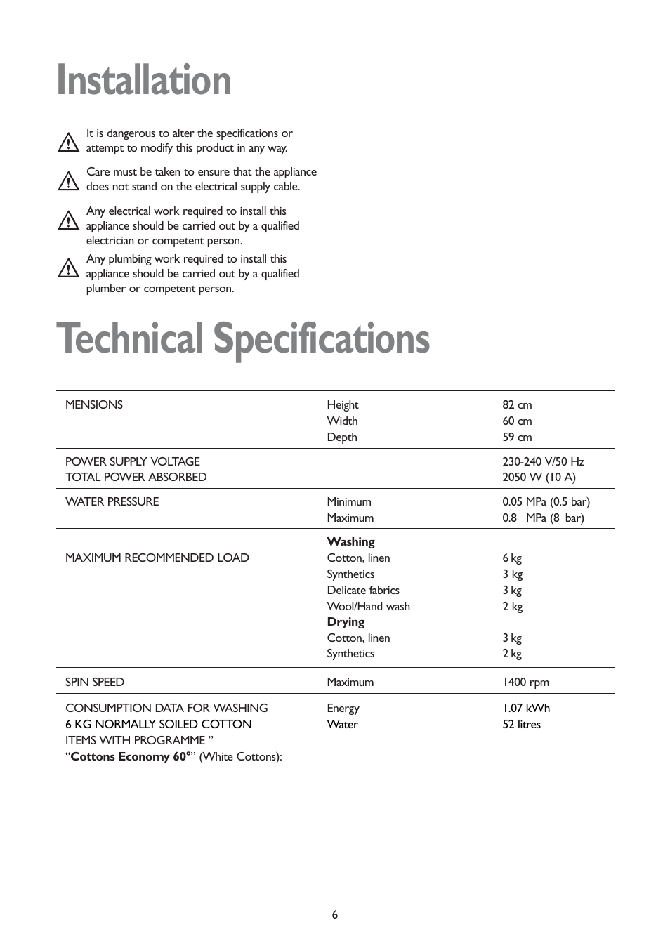 Installation, Technical specifications | John Lewis JLWD 1406 1400 User Manual | Page 6 / 31