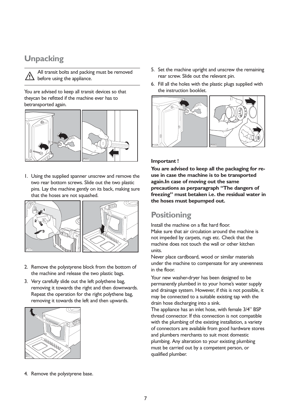 Unpacking, Positioning | John Lewis JLWD 1406 1400 User Manual | Page 7 / 31