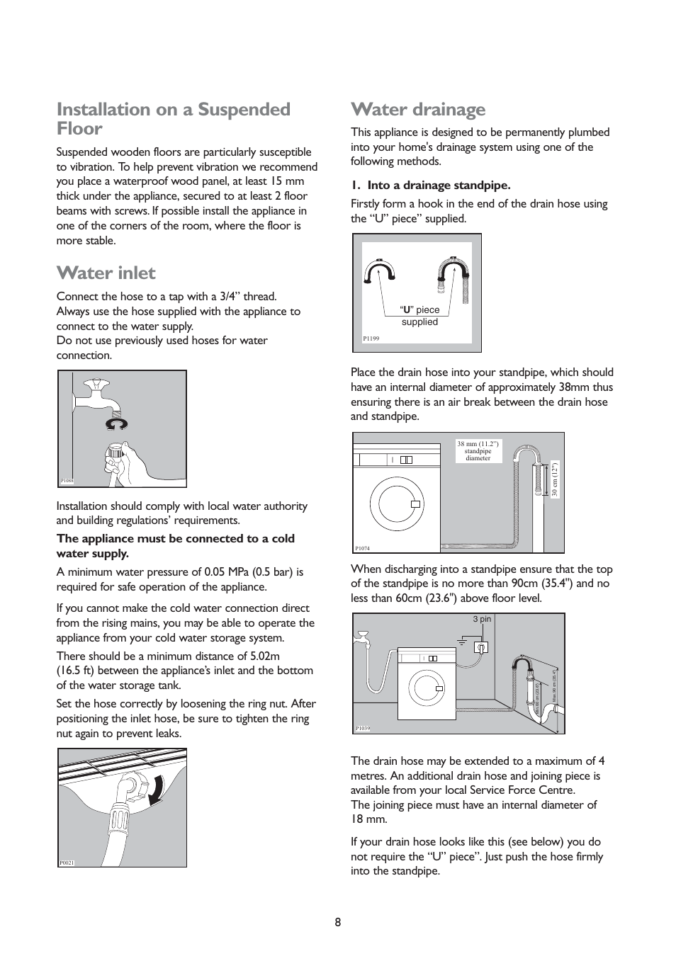 Installation on a suspended floor, Water inlet, Water drainage | John Lewis JLWD 1406 1400 User Manual | Page 8 / 31