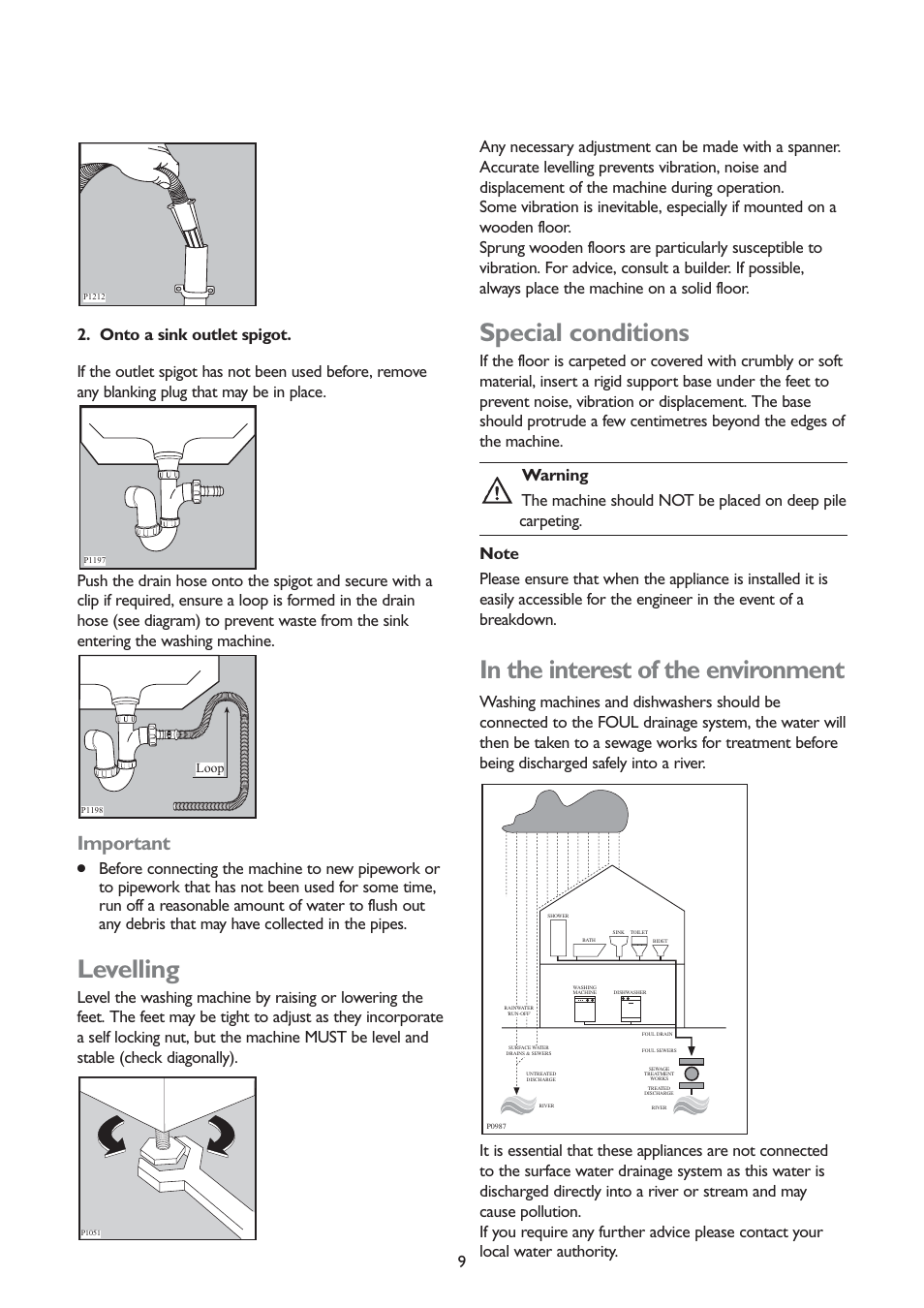 Levelling, Special conditions, Important | John Lewis JLWD 1406 1400 User Manual | Page 9 / 31