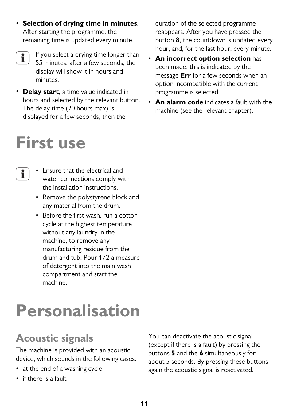 First use, Personalisation, Acoustic signals | John Lewis JLWD 1610 User Manual | Page 11 / 44