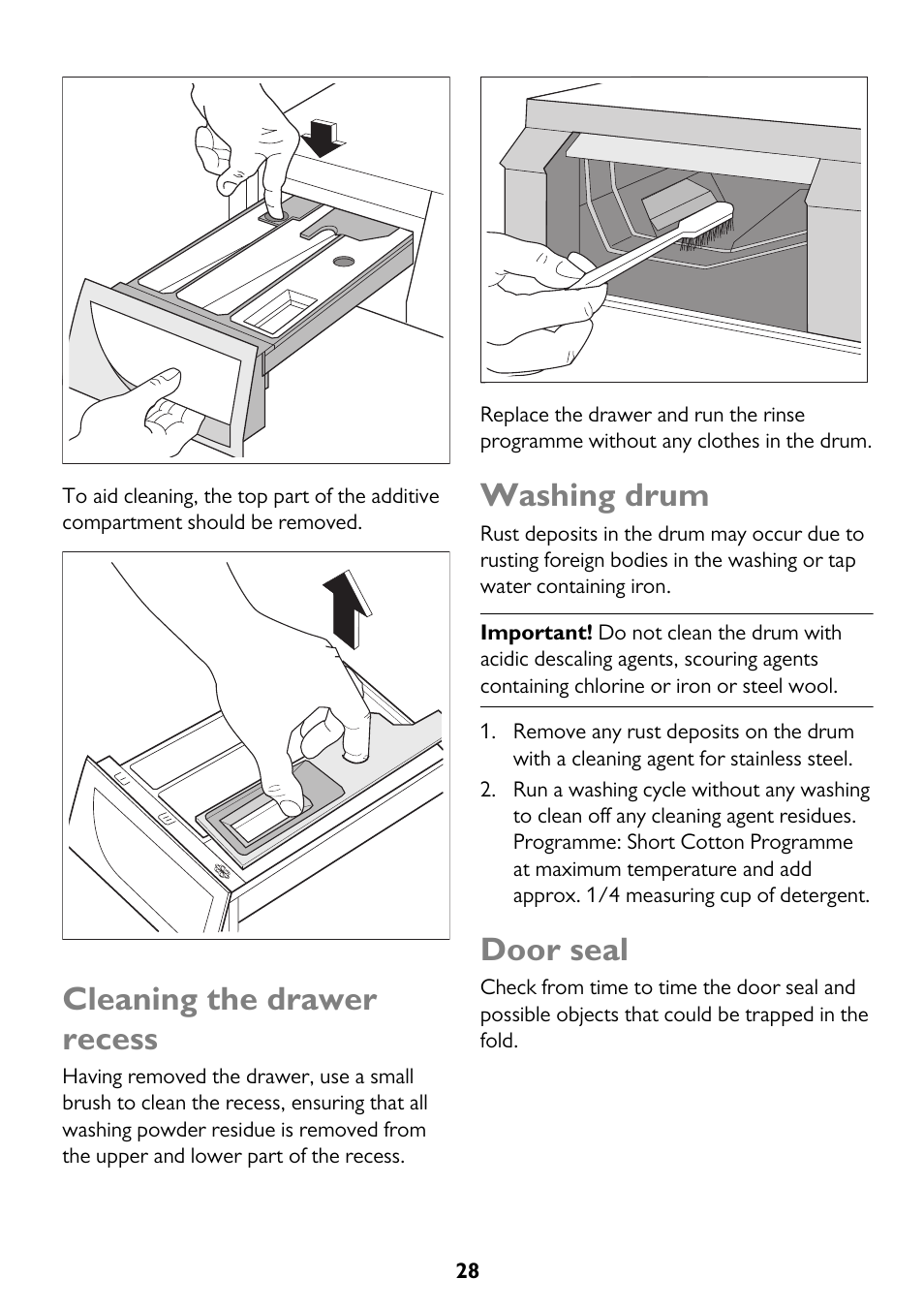 Cleaning the drawer recess, Washing drum, Door seal | John Lewis JLWD 1610 User Manual | Page 28 / 44