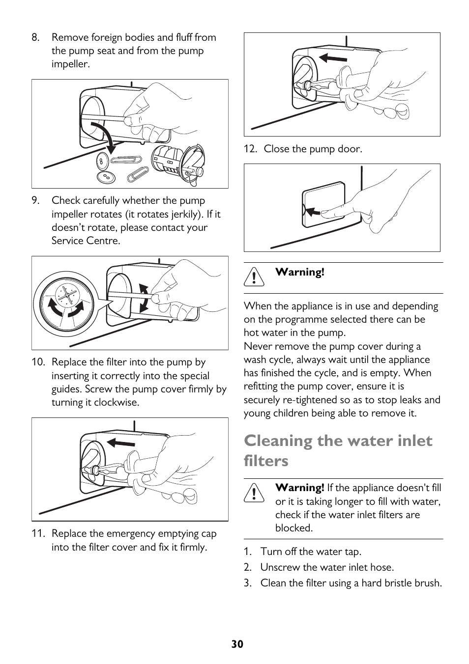 Cleaning the water inlet filters | John Lewis JLWD 1610 User Manual | Page 30 / 44