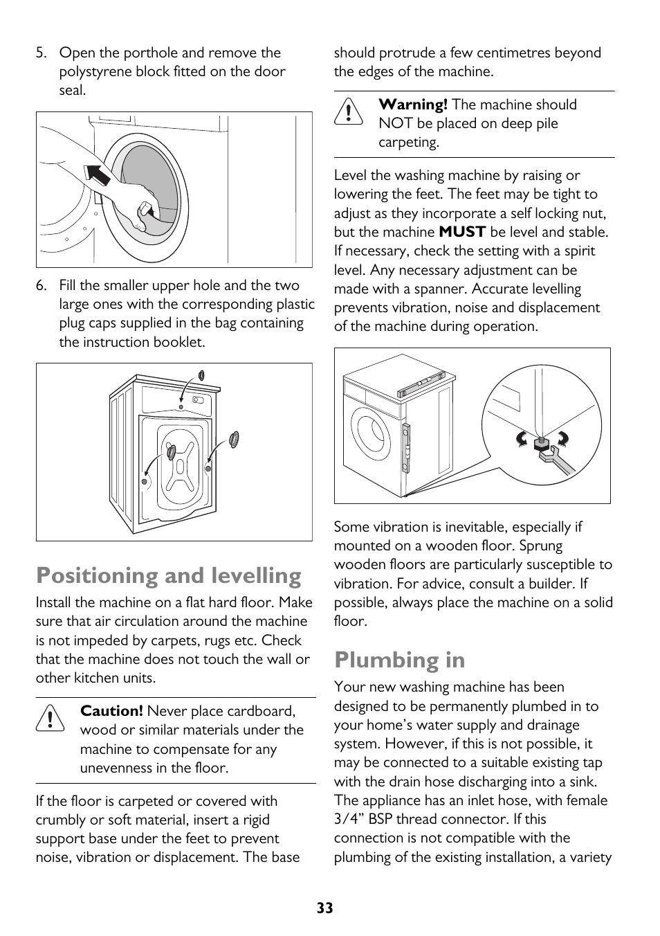 Positioning and levelling, Plumbing in | John Lewis JLWD 1610 User Manual | Page 33 / 44