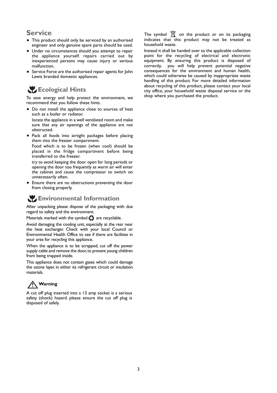 Service, Ecological hints, Environmental information | John Lewis JLUCFZW6002 User Manual | Page 3 / 20