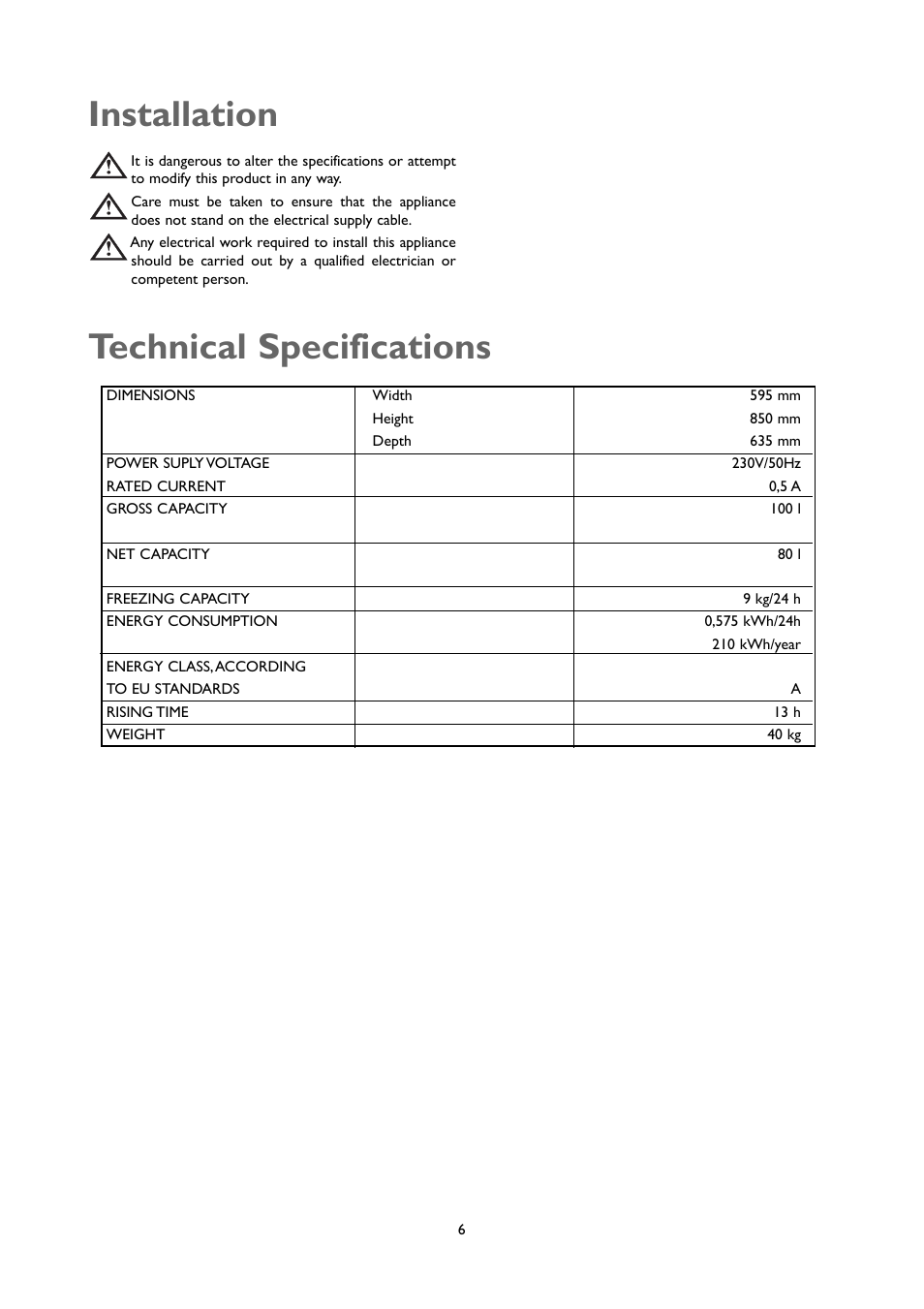 Technical specifications, Installation | John Lewis JLUCFZW6002 User Manual | Page 6 / 20