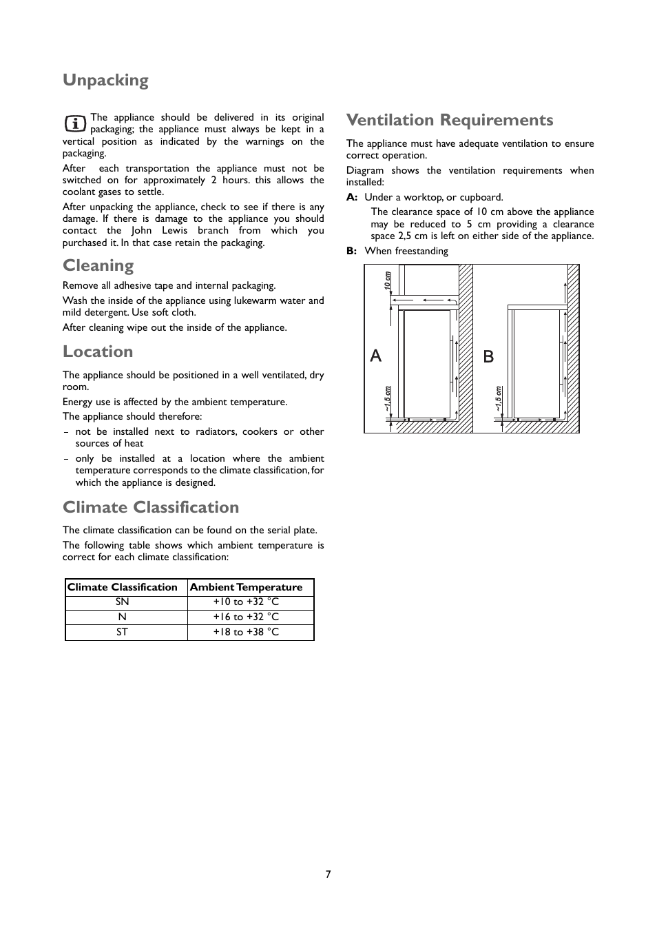 Cleaning, Unpacking location, Climate classification | Ventilation requirements | John Lewis JLUCFZW6002 User Manual | Page 7 / 20
