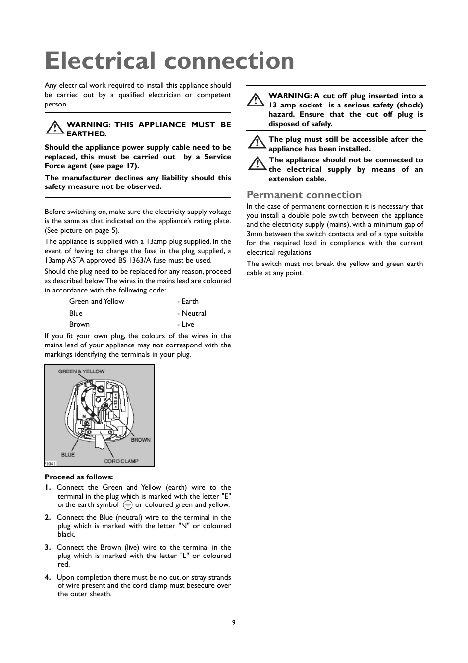 Electrical connection, Permanent connection | John Lewis JLUCFZW6002 User Manual | Page 9 / 20