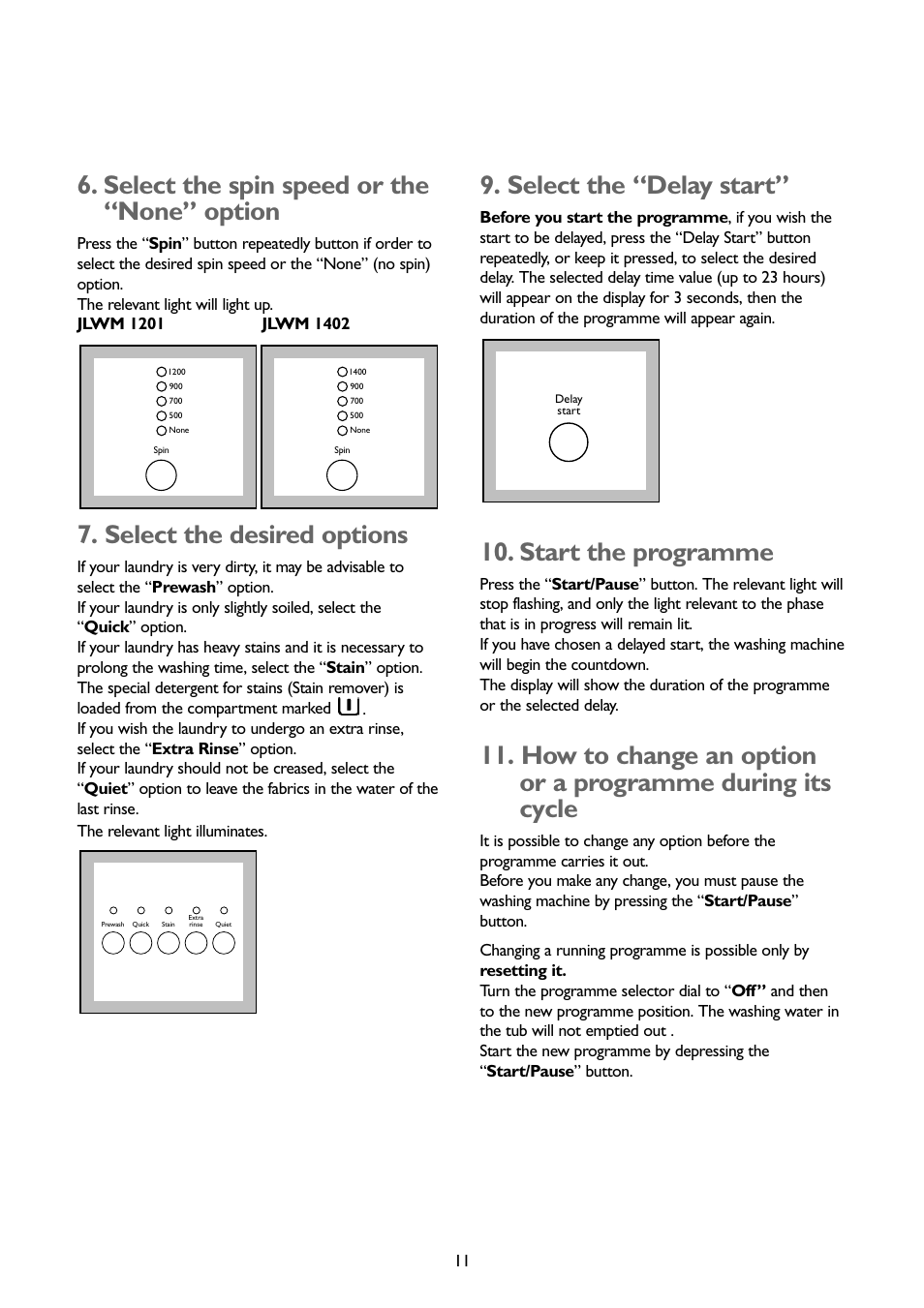Select the spin speed or the “none” option, Select the desired options, Select the “delay start | Start the programme | John Lewis JLWM1201 User Manual | Page 11 / 26