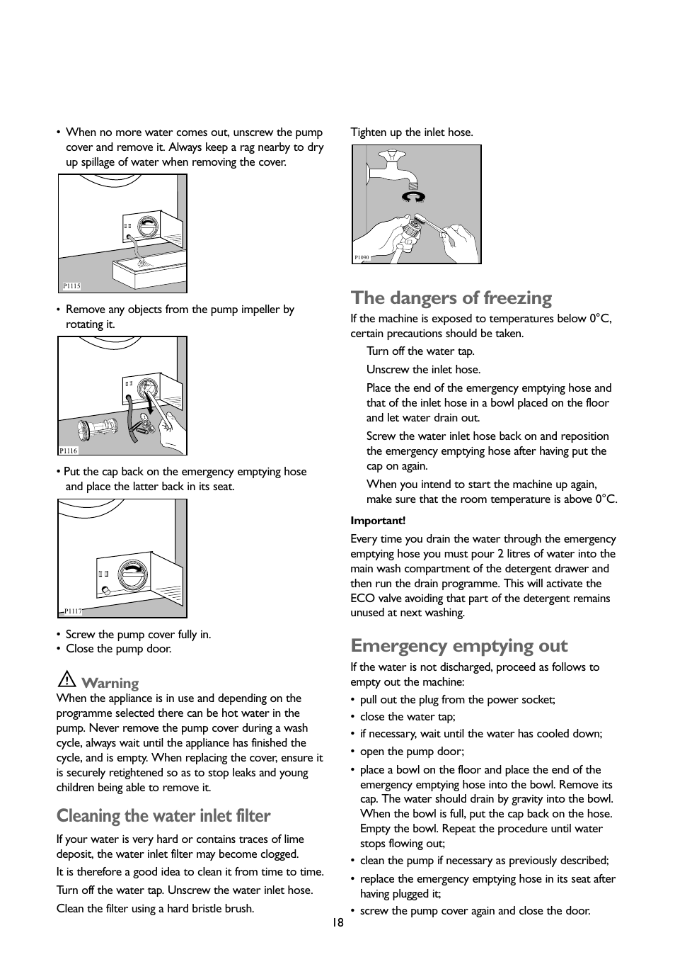 Cleaning the water inlet filter, The dangers of freezing, Emergency emptying out | Warning | John Lewis JLWM1201 User Manual | Page 18 / 26