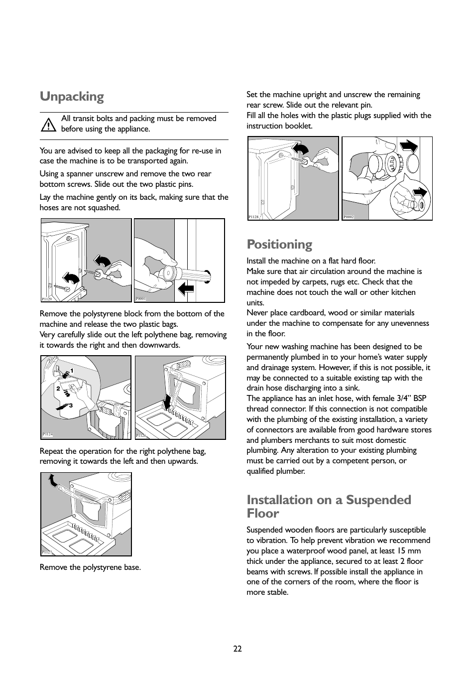 Unpacking, Positioning, Installation on a suspended floor | John Lewis JLWM1201 User Manual | Page 22 / 26