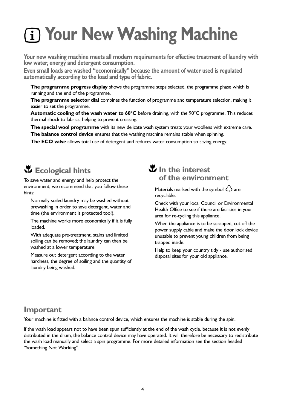 Your new washing machine, Ecological hints, Important | John Lewis JLWM1201 User Manual | Page 4 / 26